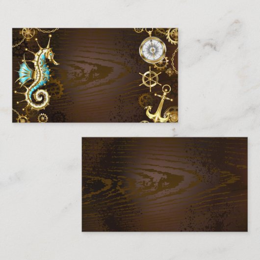 Achtergrond van hout met mechanische zeepaardjes informatiekaartje (Voorkant / Achterkant)