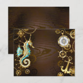 Achtergrond van hout met mechanische zeepaardjes informatiekaartje (Voorkant / Achterkant)