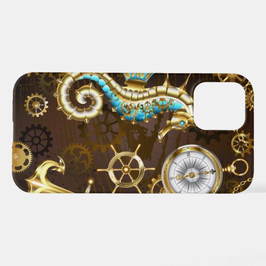 Achtergrond van hout met mechanische zeepaardjes iPhone hoesje (Achterkant horizontaal)