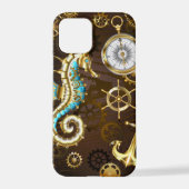 Achtergrond van hout met mechanische zeepaardjes iPhone hoesje (Achterkant)