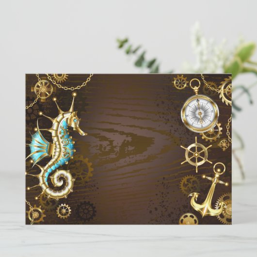 Achtergrond van hout met mechanische zeepaardjes kaart (Staand voorkant)