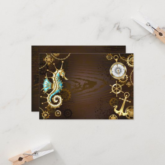 Achtergrond van hout met mechanische zeepaardjes kaart (Voorkant / Achterkant in situ)