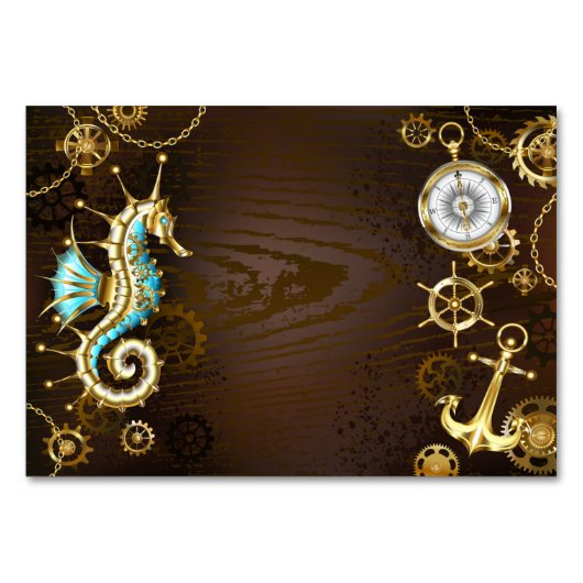 Achtergrond van hout met mechanische zeepaardjes kaart (Voorkant)