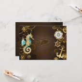 Achtergrond van hout met mechanische zeepaardjes kaart (Voorkant / Achterkant in situ)