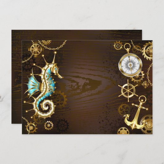 Achtergrond van hout met mechanische zeepaardjes kaart (Voorkant / Achterkant)