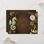 Achtergrond van hout met mechanische zeepaardjes kaart (Voorkant / Achterkant in situ)