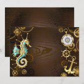 Achtergrond van hout met mechanische zeepaardjes kaart (Voorkant / Achterkant)