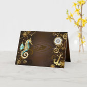 Achtergrond van hout met mechanische zeepaardjes kaart (Gele Bloem)