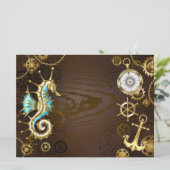 Achtergrond van hout met mechanische zeepaardjes kaart (Staand voorkant)