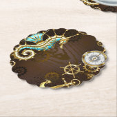 Achtergrond van hout met mechanische zeepaardjes kartonnen onderzetters (Gekanteld)