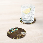 Achtergrond van hout met mechanische zeepaardjes kartonnen onderzetters (Insitu)