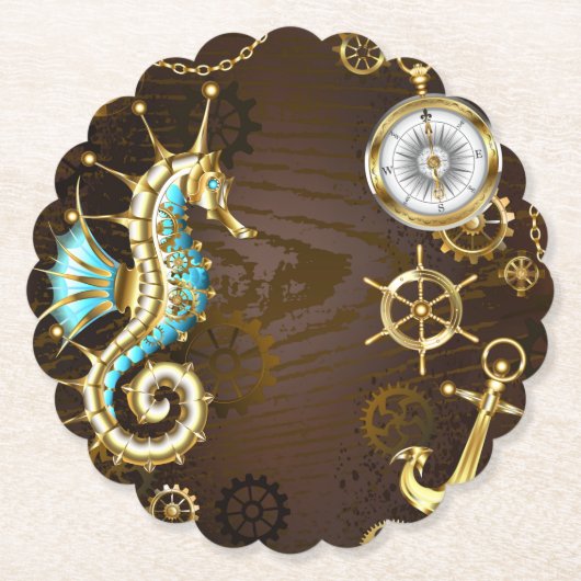 Achtergrond van hout met mechanische zeepaardjes kartonnen onderzetters (Voorkant)