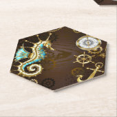 Achtergrond van hout met mechanische zeepaardjes kartonnen onderzetters (Schuin)