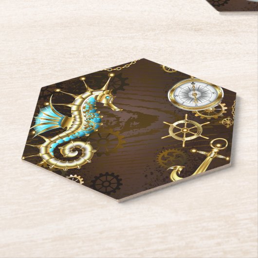 Achtergrond van hout met mechanische zeepaardjes kartonnen onderzetters (Schuin)