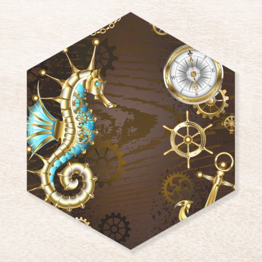 Achtergrond van hout met mechanische zeepaardjes kartonnen onderzetters (Voorkant)