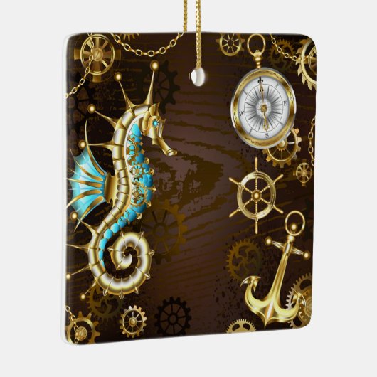 Achtergrond van hout met mechanische zeepaardjes keramisch ornament (Rechts)