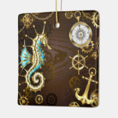 Achtergrond van hout met mechanische zeepaardjes keramisch ornament (Links)