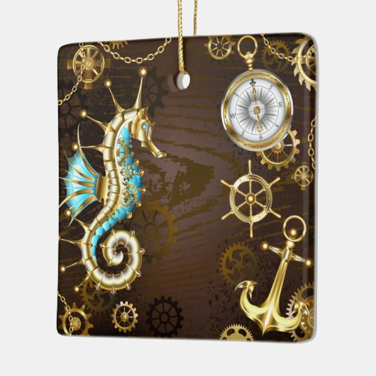 Achtergrond van hout met mechanische zeepaardjes keramisch ornament (Links)