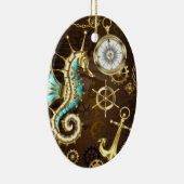 Achtergrond van hout met mechanische zeepaardjes keramisch ornament (Rechts)