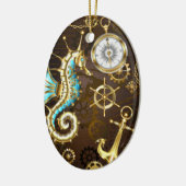 Achtergrond van hout met mechanische zeepaardjes keramisch ornament (Links)