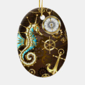 Achtergrond van hout met mechanische zeepaardjes keramisch ornament (Achterkant)