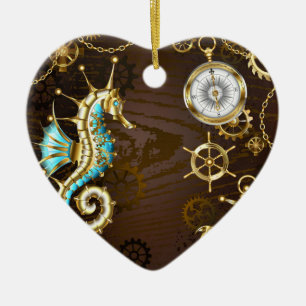 Achtergrond van hout met mechanische zeepaardjes keramisch ornament