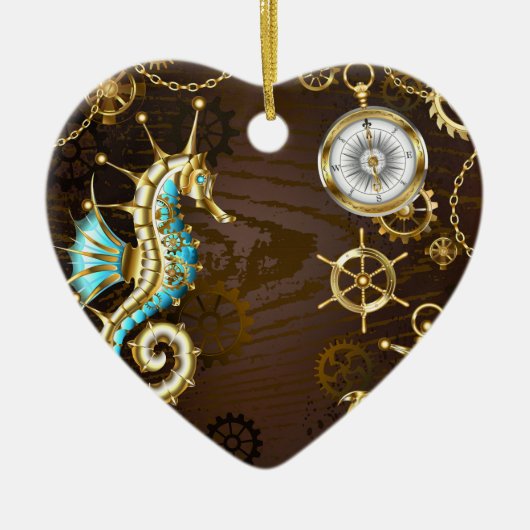 Achtergrond van hout met mechanische zeepaardjes keramisch ornament (Voorkant)