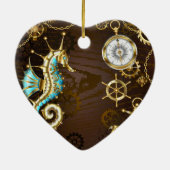 Achtergrond van hout met mechanische zeepaardjes keramisch ornament (Achterkant)