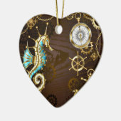 Achtergrond van hout met mechanische zeepaardjes keramisch ornament (Links)