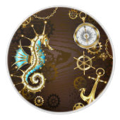 Achtergrond van hout met mechanische zeepaardjes keramische knop (Voorkant)