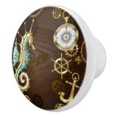 Achtergrond van hout met mechanische zeepaardjes keramische knop (Rechts)