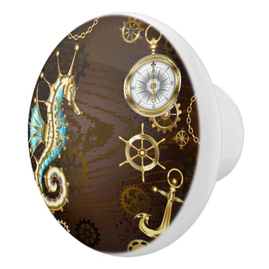 Achtergrond van hout met mechanische zeepaardjes keramische knop (Rechts)