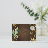 Achtergrond van hout met mechanische zeepaardjes kortingskaartje (Staand voorkant)