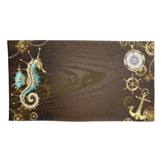 Achtergrond van hout met mechanische zeepaardjes kussensloop (Achterkant-Rechts)