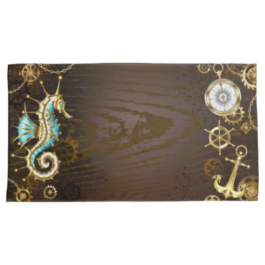 Achtergrond van hout met mechanische zeepaardjes kussensloop (Voorkant-Rechts)