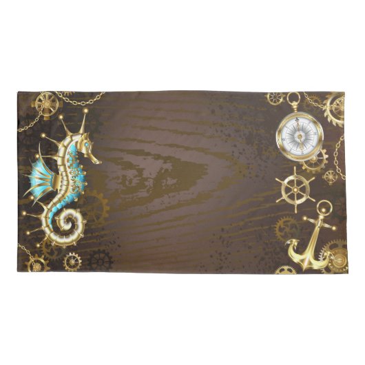 Achtergrond van hout met mechanische zeepaardjes kussensloop (Achterkant-Links)