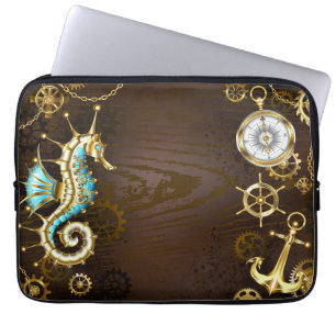 Achtergrond van hout met mechanische zeepaardjes laptop sleeve
