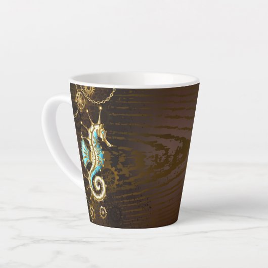 Achtergrond van hout met mechanische zeepaardjes latte mok (Linkerhoek)