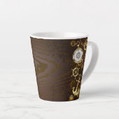 Achtergrond van hout met mechanische zeepaardjes latte mok (Rechterhoek)