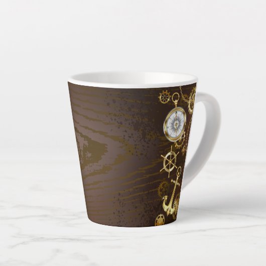 Achtergrond van hout met mechanische zeepaardjes latte mok (Rechterhoek)