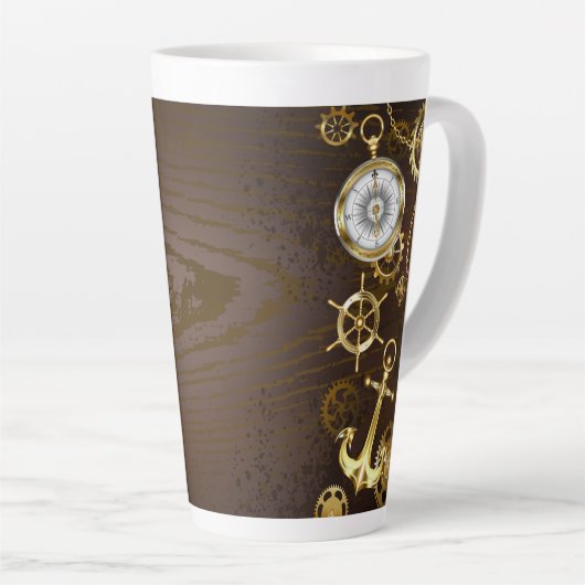 Achtergrond van hout met mechanische zeepaardjes latte mok (Rechterhoek)