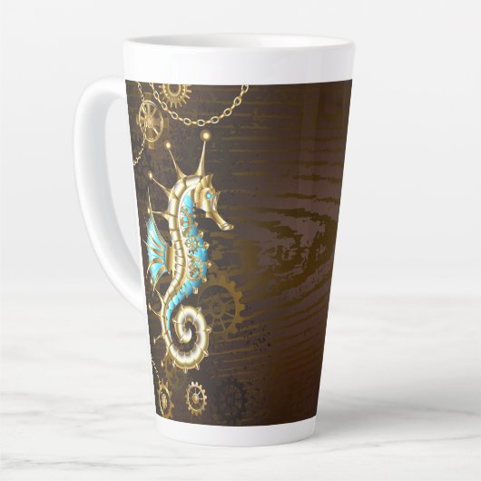 Achtergrond van hout met mechanische zeepaardjes latte mok (Linkerhoek)