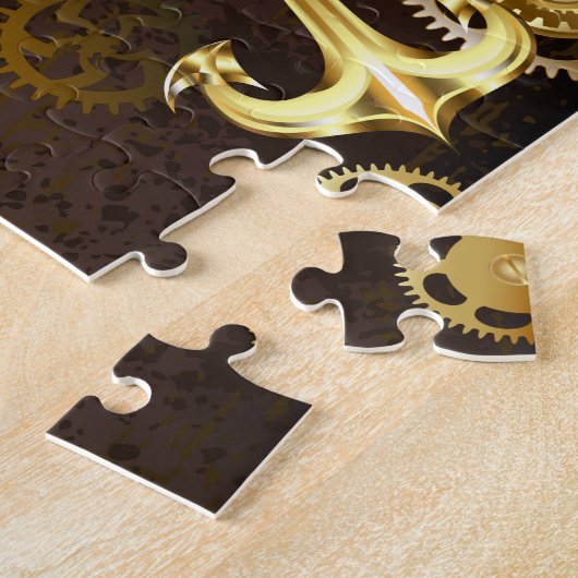 Achtergrond van hout met mechanische zeepaardjes legpuzzel (Zijkant)