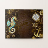 Achtergrond van hout met mechanische zeepaardjes legpuzzel (Horizontaal)