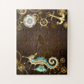 Achtergrond van hout met mechanische zeepaardjes legpuzzel (Verticaal)