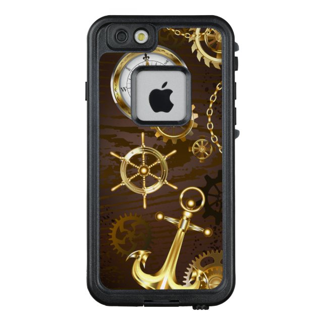 Achtergrond van hout met mechanische zeepaardjes LifeProof iPhone hoesje (Achterkant)
