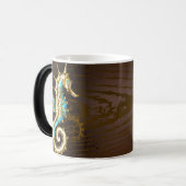 Achtergrond van hout met mechanische zeepaardjes magische mok (Voorkant links)