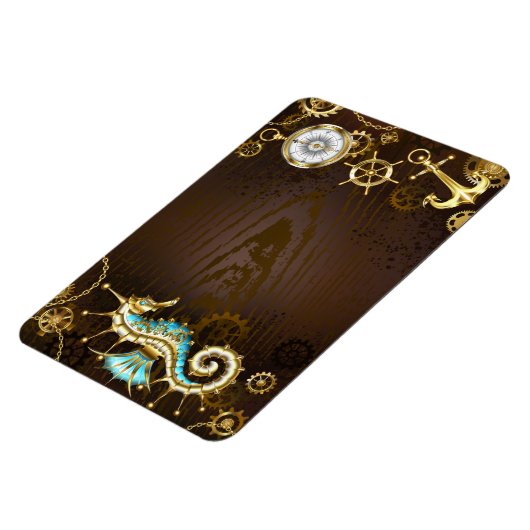 Achtergrond van hout met mechanische zeepaardjes magneet (Linkerzijde)