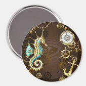 Achtergrond van hout met mechanische zeepaardjes magneet (Voorkant / Achterkant)