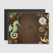 Achtergrond van hout met mechanische zeepaardjes magnetische uitnodiging (Voorkant / Achterkant)